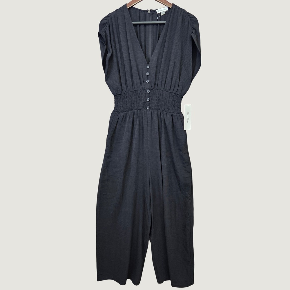 Calvin Klein Jumpsuit Women 10 Black NEW Smocked Waist V-Neck Wide Leg Crepe